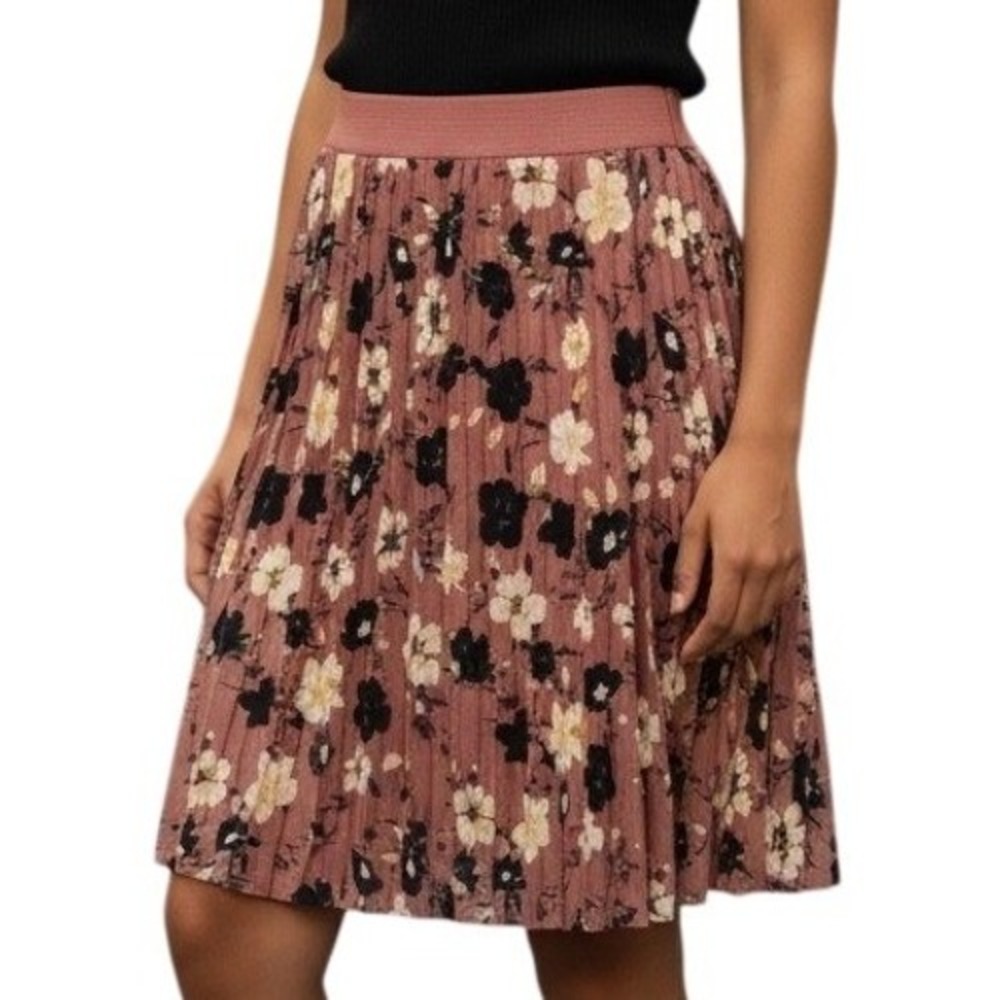 Metrowear Floral Pleated Skirt Large Pink Brown Black Accordion Chiffon Flowy